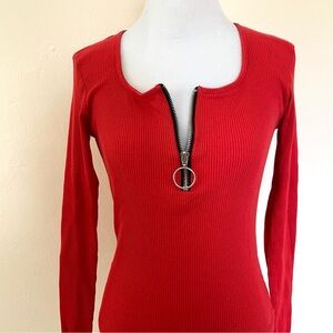 FB Sister Red Rib Knit Top Blouse Long Sleeve Sweater Medium Quarter Zip